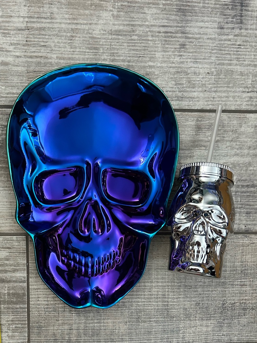 Skull Serving Tray & Cup w/ Straw Halloween Party Decor NWT